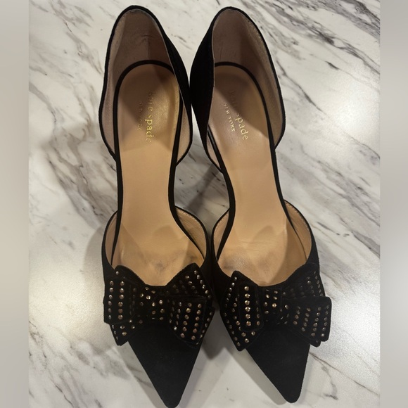 kate spade Shoes - Black Suede Kate Spade Gold Studded Bow Pointed-Toe Pumps size 10